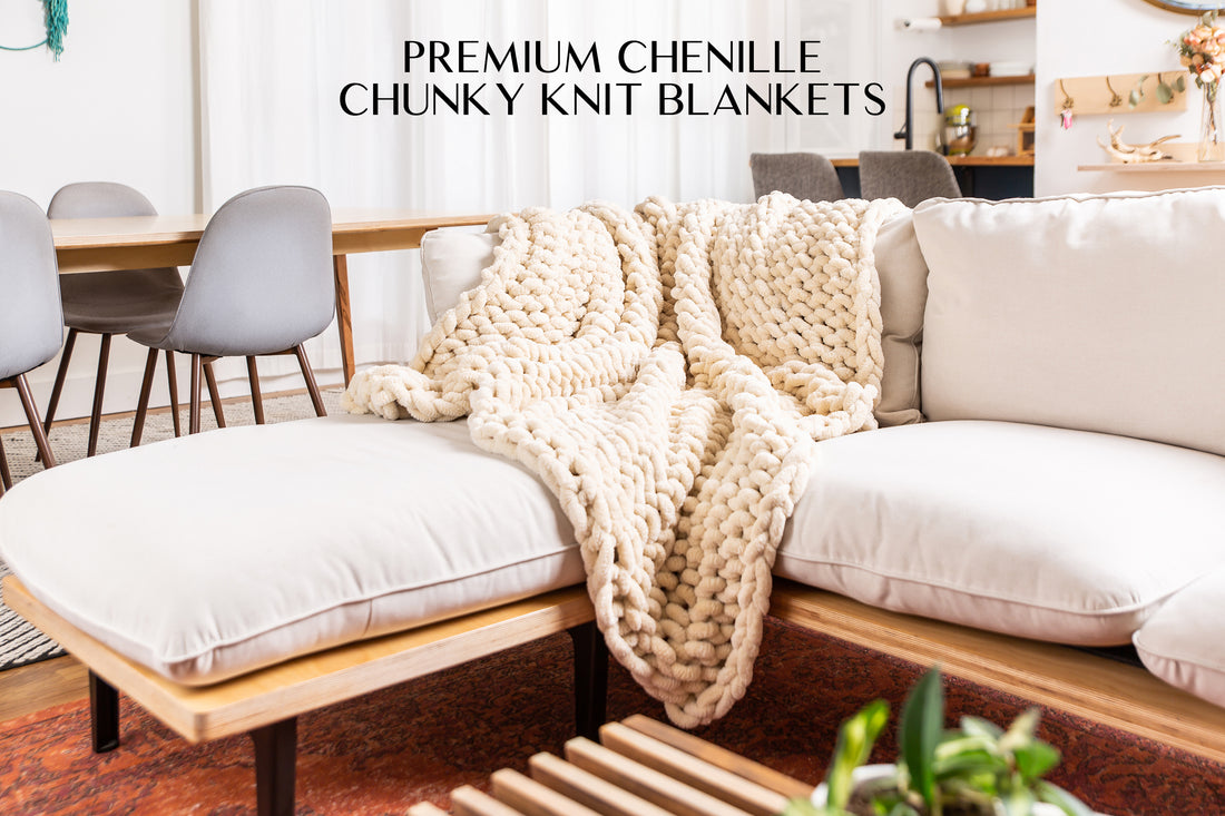 Samiah Luxe Chenille Chunky Knit Blanket for couch or sofa, boho, farmhouse or modern decor