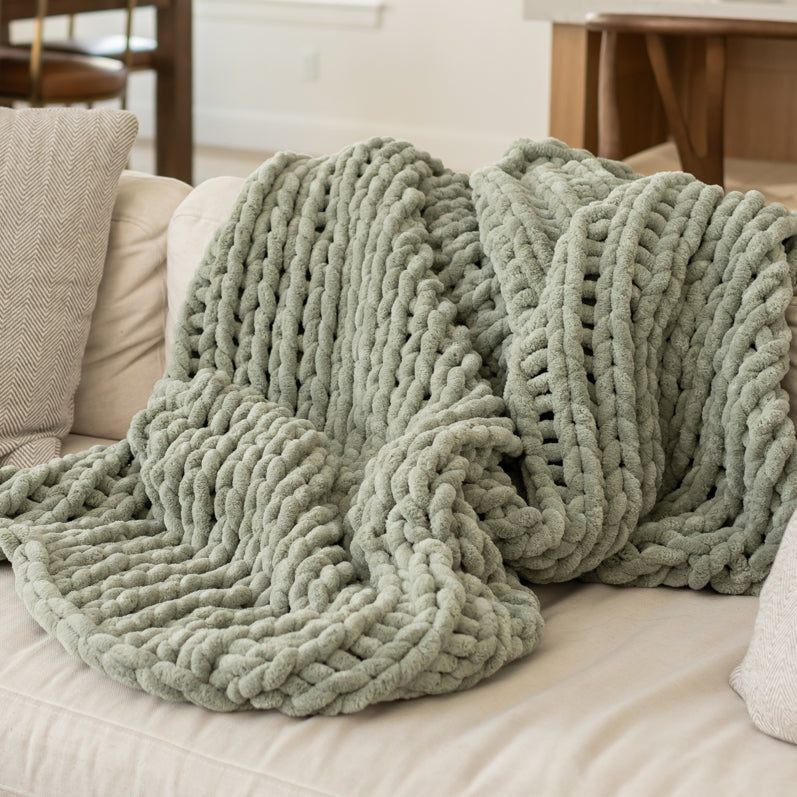 Sage Chenille Chunky Knit Blanket Queen Size Farmhouse & Boho Throw
