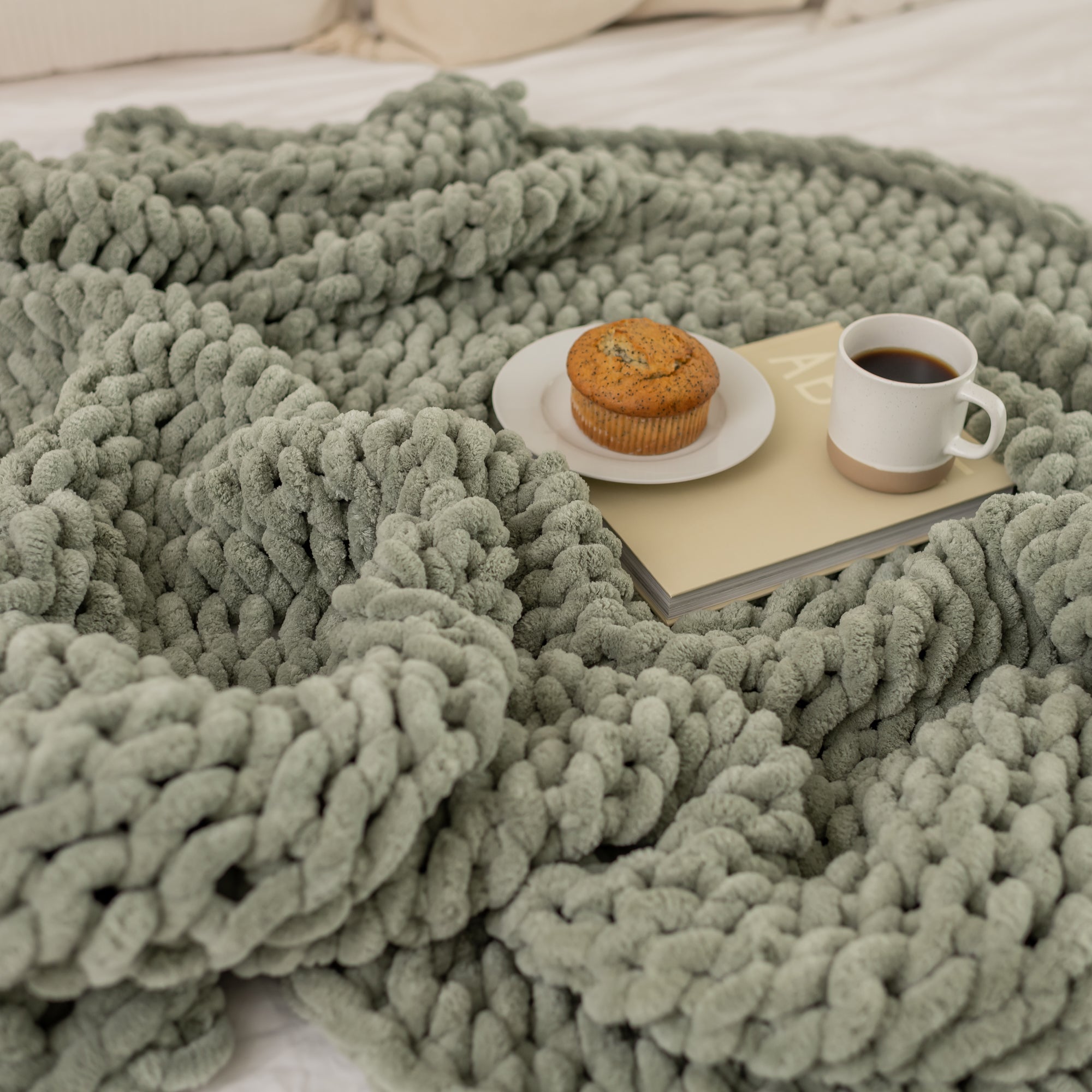 Sage Chenille Chunky Knit Blanket King Size Farmhouse & Boho Throw